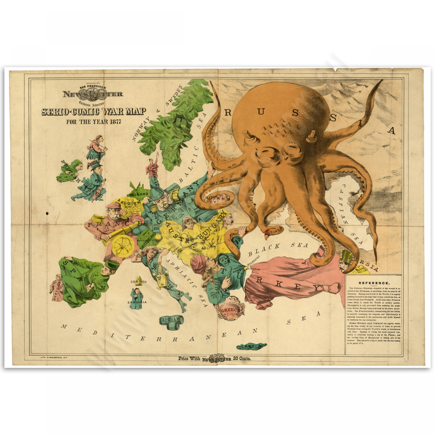A3 Size Serio-Comic War Map Fred Rose Russia as Octopus Europe Colour Map Poster 